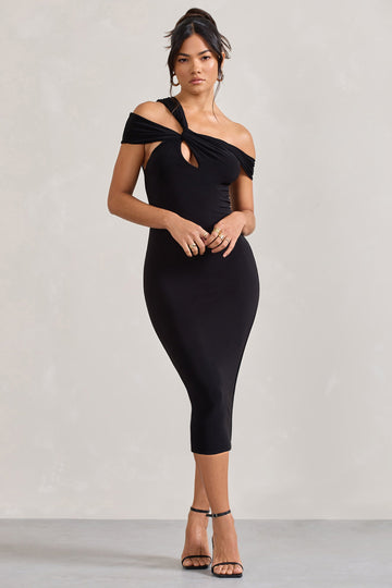 Chain Reaction Black Strappy Asymmetric Bodycon Midi Dress